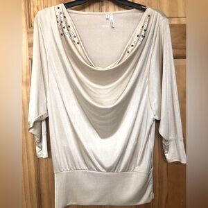 Studio Y, tan, gold mild shimmer top, XS but stretches to Medium, soft, comfy